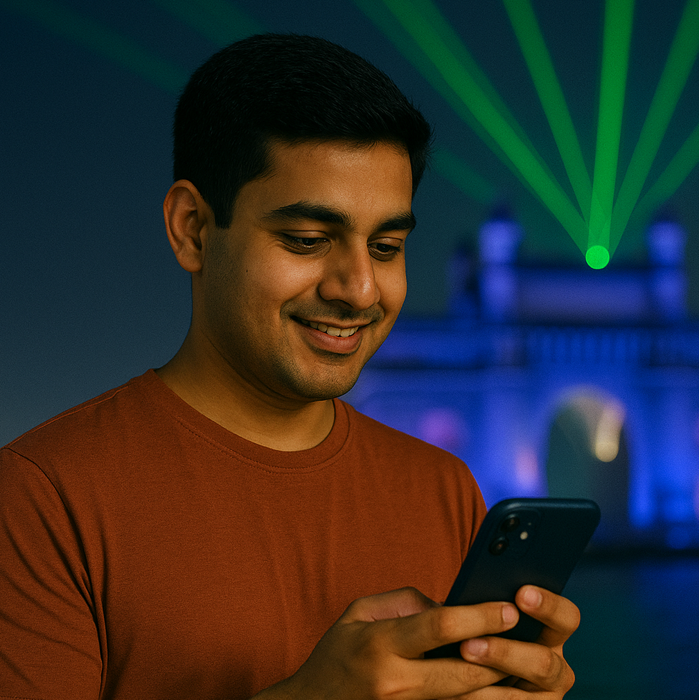Ankit sees a reel about a laser show at Gateway of India and searches the location on Chal. People at the location are notified instantly, and they confirm it's real—sharing live updates, timings, and even videos—helping Ankit plan his visit with confidence.Chal